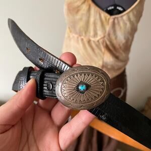 Vintage genuine lizard skin belt with engraved buckle western boho concho